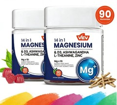 VEV 14-in-1 Magnesium Gummies – 10 Mg Types + D3, Ashwagandha – 90 Ct (2-Pack)*/
