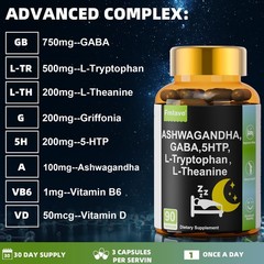 GABA 750mg 5-HTP Ashwagandha B6 Capsules Support Calm, Relaxation, Sleep & Focus