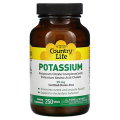 Country Life Potassium 99 mg 250 Tablets Gluten-Free, GMP Quality Assured,