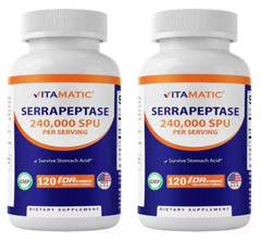 High Potency Serrapeptase 240,000 SPU 2X120 Veggie Caps Gluten-Free/Vegeterian
