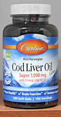 Carlson Cod Liver Oil Gems 1000 mg 100 Soft Gels Wild Norwegian with (400 iu) D3