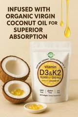 Vitamin D3 10000 iu Plus K2 (MK-7) 200 mcg, 300 Virgin Coconut Oil Softgels