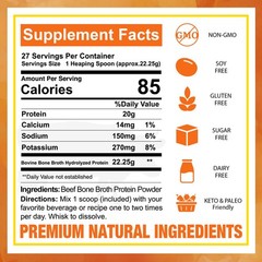 Grass Fed Bone Broth Powder-1.32lb,20g Protein Hydrolyzed Peptides Type I & III