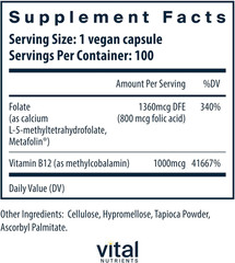 Vital Nutrients Vitamin B12 Methyl Folate 5 MTHF Nervous System 100