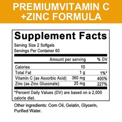 Vitamin C and Zinc Supplement Zinc 25mg, Vitamin C 360mg per Serving
