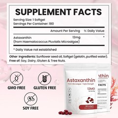 Astaxanthin 12mg Softgels 180 Count Natural Antioxidant Supplement 6 Month