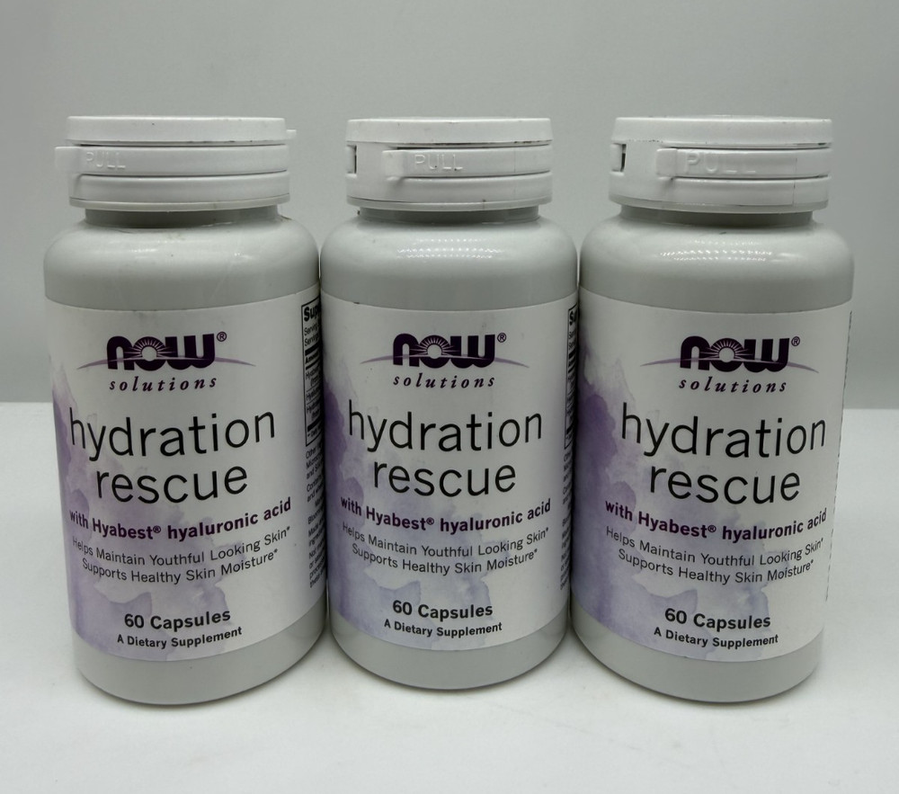 3 Pack NOW FOODS Hydration Rescue With Hyabest 60 Veg Capsules, Best By 4/2027