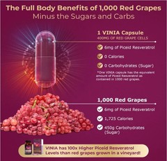 2 Pack Vinia 120 Capsules Red Grape Powder Piceid Resveratrol Rapid Absorption
