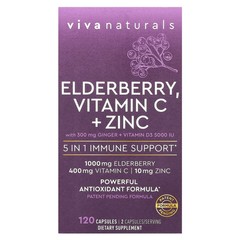 2 X Viva Naturals, Elderberry, Vitamin C + Zinc, 120 Capsules