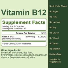 60 Vitamin B12 2000mcg Capsules ,High Absorption Vitamin B-12,Support Energy
