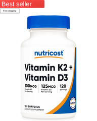 Nutricost Vitamin K2 (100mcg) + Vitamin D3 (5000 IU) 120 Softgels – Gluten Free