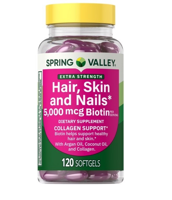 Spring Valley Extra Strength Hair, Skin, & Nails Softgels 5000 mcg Biotin 120 Ct