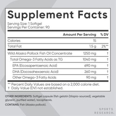Sports Research Omega 3 Fish Oil Softgels 90 Count Sustainably Sourced EPA DHA