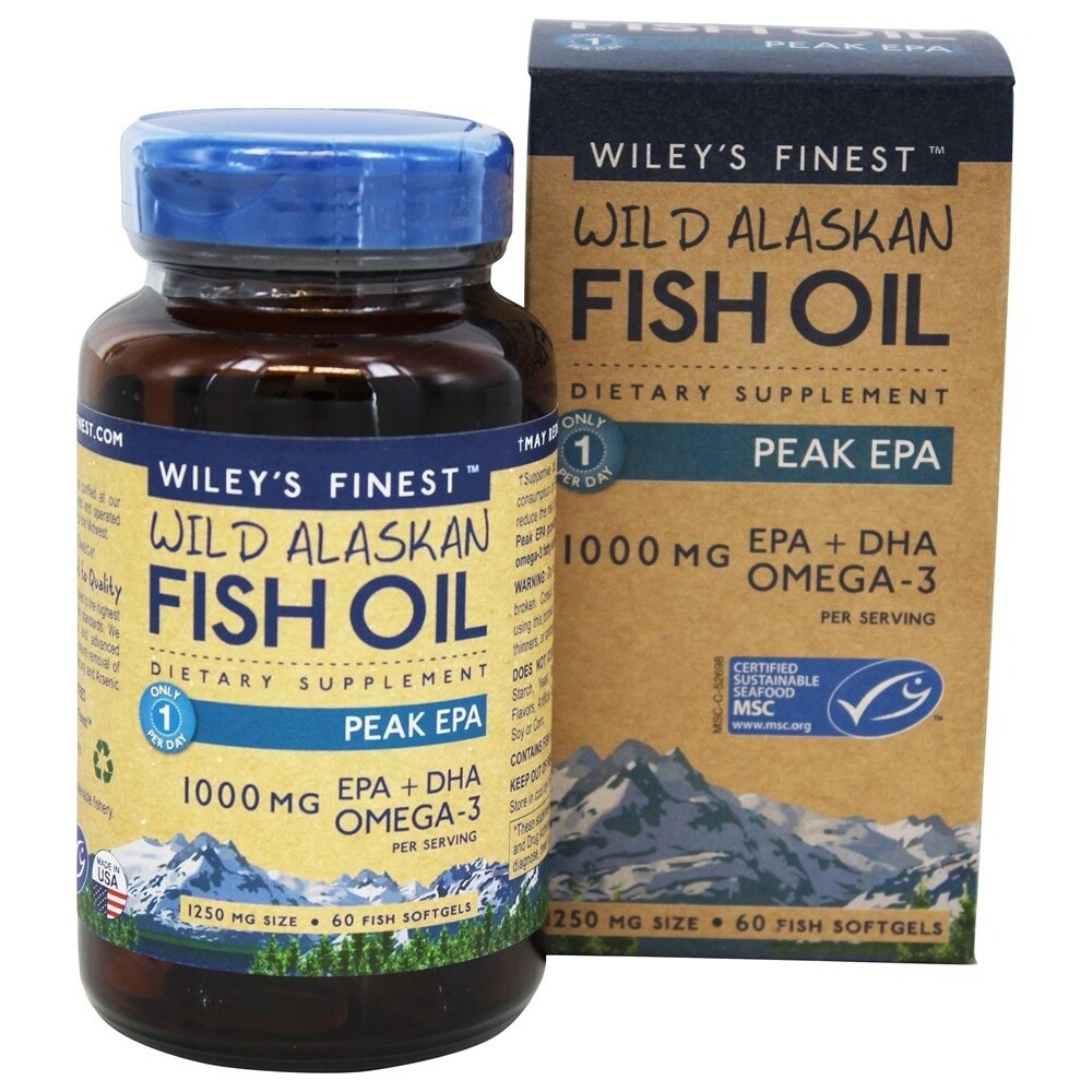 Wiley’s Finest Wild Alaskan Fish Oil 1000mg EPA + DHA Peak EPA, 60 Softgels