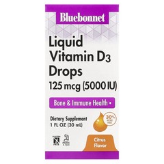 2 X Bluebonnet Nutrition, Liquid Vitamin D3 Drops, Citrus, 125 mcg (5,000 IU),
