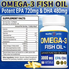 Fish Oil 3000mg Per Serving, Omega 3 Fish Oil Supplements, 180 Softgels