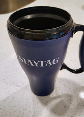 Maytag Fry’s Electronics Coffee Cup Mug Blue Tumbler BPA Free Dishwasher Safe