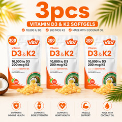VEV D3 K2 10000 IU 3 Pack 900 Softgels Coconut Premium Essential Oil Immune