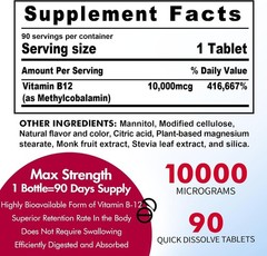 B12 Vitamins 10,000 mcg, Methylated Vitamin 90 Count (Pack of 2)