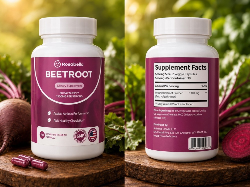 Rosabella beetroot dietary supplement capsules 1300mg 30day supply
