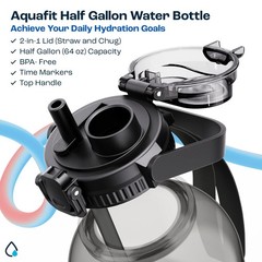 AQUAFIT 64 oz Water Bottle with Time Marker – 2in1 Straw & 64 Ounces, Blue