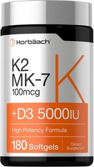 Vitamin K2 MK7 with D3 Supplement | 180 Softgels | D3 5000 IU | by Horbaach