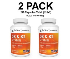 2 PACK-Dr. Berg’s D3 & K2 Vitamin, 10,000 IU, 100 mcg per serving, 120 Capsules