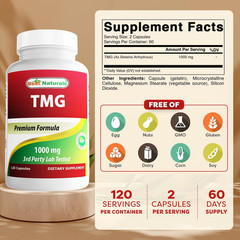 Best Naturals TMG Trimethylglycine (As Betaine Anhydrous) 1000 Mg Serving – 120