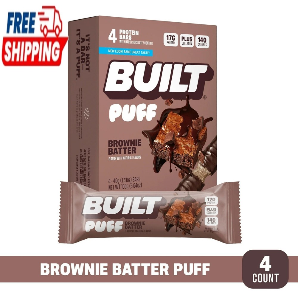 BUILT Puff Protein Bar, Brownie Batter, 17g Protein, Collagen, 140 calories, 4 c