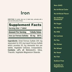Iron 65Mg, 325 Mg Ferrous Sulfate, Cellular Energy Support, 100 Tablets