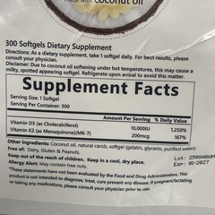 Vitamin D3 10000 iu Plus K2 (MK-7) 200 mcg, 300 Virgin Coconut Oil Softgels 2027