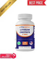 Vitamatic Lithium Orotate 5mg, 240 Veggie Capsules, Non-GMO, Gluten Free.