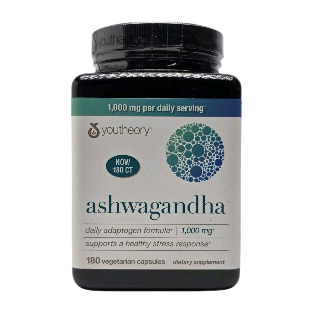 Youtheory Ashwagandha 1000 mg, 180 Vegetarian Capsules Exp: 0/27, Free Shipping