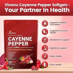 VivoNu Cayenne Pepper Softgels Supplement W/ Vitamin E D3+K2 240 Capsules