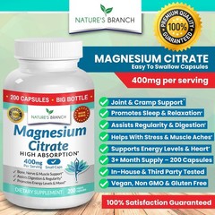 Magnesium Citrate 400mg – 200 Capsules – High Potency for Sleep, Leg Cramps,