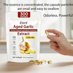 300 Softgels, 1X Elare Aged Garlic Extract, 7500mg Odorless | Heart & Immune