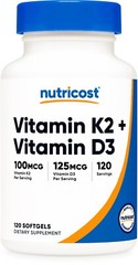 Nutricost Vitamin K2 (100mcg) + Vitamin D3 (5000 IU) 120 Softgels – Gluten Free