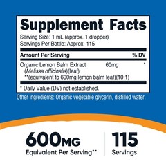 Nutricost Organic Lemon Balm Liquid Extract (600mg) 3.8 Fl. Oz – USDA Organic