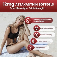 Astaxanthin 12mg 240 Softgels, 4 Month Supply,Triple Strength,Non-GMO,Eye Health