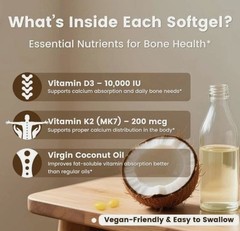 VEV Vitamin D3 K2 Softgels 10000IU D3 200mcg MK7 K2 with Coconut Oil 300 Softgel