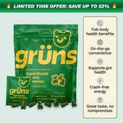Gruns Adults Super Greens Gummies, Multivitamin Superfood Gummy Bears 28 Packs