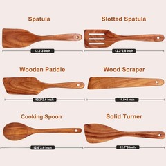 6 Pcs Best Flat Wood Spatula Set Teak Wooden Spoon for Cooking Utensils Slott…