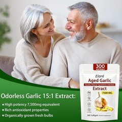 300 Softgels, 1X Elare Aged Garlic Extract, 7500mg Odorless | Heart & Immune
