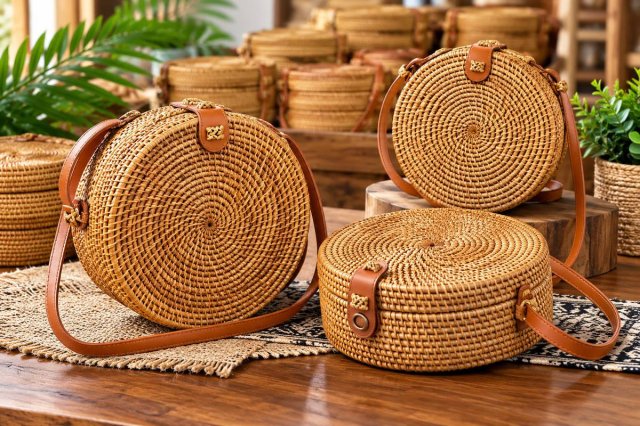 Handwoven Rattan Round Bag — Natural Elegance