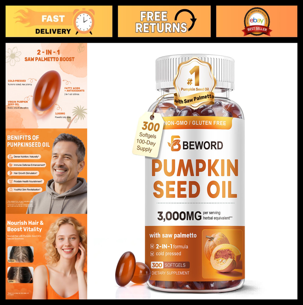 Pumpkin Seed Oil & Saw Palmetto Softgels 3000mg – 300 Count | Cold-Pressed, Non-