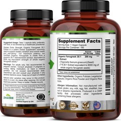 Zazzee USDA Organic Fenugreek 30:1 Extract, 180 Vegan Capsules, 6 Month Supply,