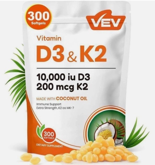 VEV Vitamin D3 K2 Softgels 10000IU D3 200mcg MK7 K2 with Coconut Oil 300 Softgel