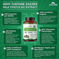 USDA Organic Milk Thistle 50:1 Extract, 80% Silymarin Flavonoids, 200 Vegan C…