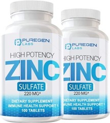 Puregen Labs Zinc Sulfate 220 mg Dietary Supplement 100 Tablets 2 PACK Exp 8/26