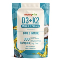 MERRY VITA Vitamin D3 K2 300 Softgels – 10000 IU & 200 MCG K2 MK7 – PlantBase…